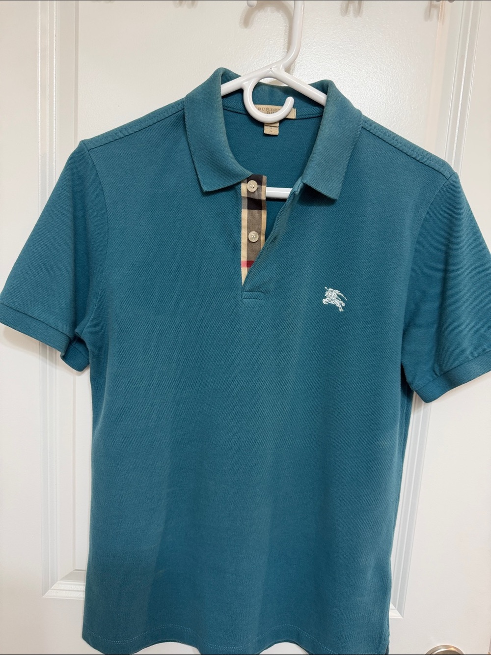 Burberry Teal Polo with Signature Check Placket